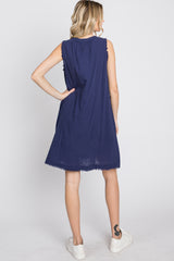 Navy Blue Split V-Neck Fringe Hem Dress