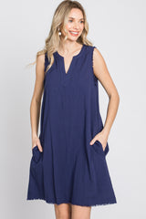 Navy Blue Split V-Neck Fringe Hem Dress