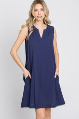 Navy Blue Split V-Neck Fringe Hem Dress