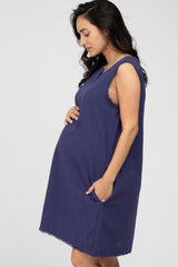 Navy Blue Split V-Neck Fringe Hem Maternity Dress