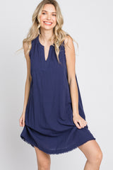 Navy Blue Split V-Neck Fringe Hem Dress