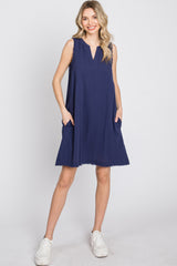 Navy Blue Split V-Neck Fringe Hem Dress