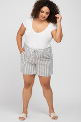 Navy Blue Striped Linen Drawstring Maternity Plus Shorts