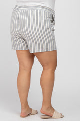 Navy Blue Striped Linen Drawstring Maternity Plus Shorts