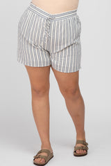 Navy Blue Striped Linen Drawstring Plus Shorts