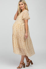 Yellow Floral Chiffon Puff Sleeve Tiered Maternity Midi Dress