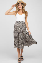 Black Leaf Print Tiered Maternity Midi Skirt