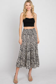 Black Leaf Print Tiered Midi Skirt