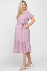 Lavender Waist Tie Short Puff Sleeve Maternity Midi Dress