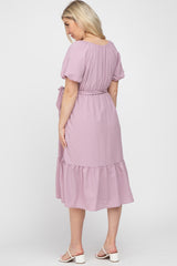 Lavender Waist Tie Short Puff Sleeve Maternity Midi Dress