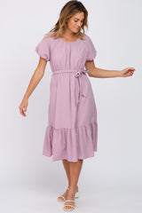 Lavender Waist Tie Short Puff Sleeve Midi Dress