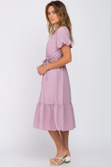 Lavender Waist Tie Short Puff Sleeve Midi Dress