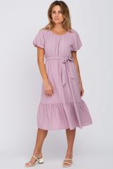 Lavender Waist Tie Short Puff Sleeve Maternity Midi Dress