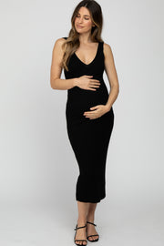 Black Ribbed Sleeveless Knit Maternity Midi Dress