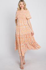 Peach Floral Tiered Midi Dress