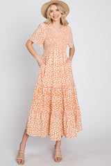 Peach Floral Tiered Midi Dress