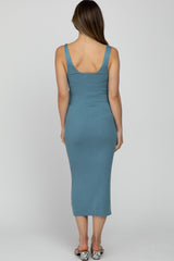 Blue Ribbed Sleeveless Knit Maternity Midi Dress