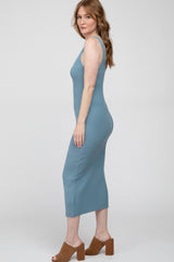 Blue Ribbed Sleeveless Knit Midi Dress