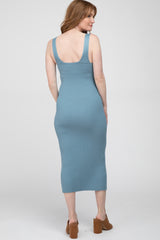 Blue Ribbed Sleeveless Knit Midi Dress