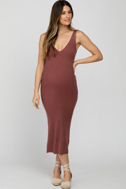 Mauve Ribbed Sleeveless Knit Maternity Midi Dress