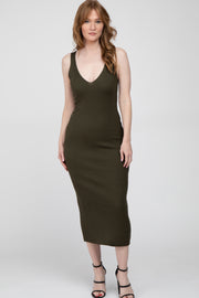 Olive Ribbed Sleeveless Knit Midi Dress