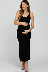 Black Sleeveless Knit Maternity Midi Dress