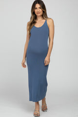 Blue Sleeveless Knit Maternity Midi Dress