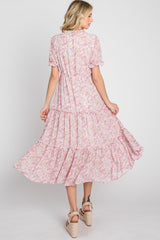 Pink Floral Ruffle Tiered Midi Dress