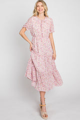 Pink Floral Ruffle Tiered Midi Dress