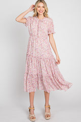 Pink Floral Ruffle Tiered Midi Dress