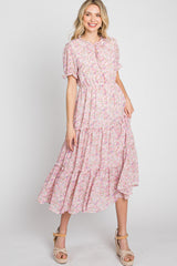 Pink Floral Ruffle Tiered Midi Dress