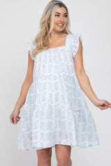 Blue Floral Square Neck Ruffle Sleeve Tiered Maternity Dress