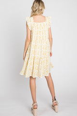 Yellow Floral Square Neck Ruffle Sleeve Tiered Dress