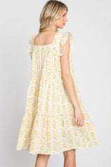 Yellow Floral Square Neck Ruffle Sleeve Tiered Dress