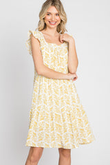 Yellow Floral Square Neck Ruffle Sleeve Tiered Dress