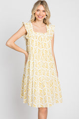 Yellow Floral Square Neck Ruffle Sleeve Tiered Dress