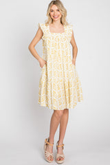 Yellow Floral Square Neck Ruffle Sleeve Tiered Maternity Dress