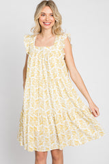 Yellow Floral Square Neck Ruffle Sleeve Tiered Dress