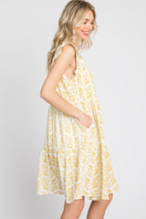 Yellow Floral Square Neck Ruffle Sleeve Tiered Dress