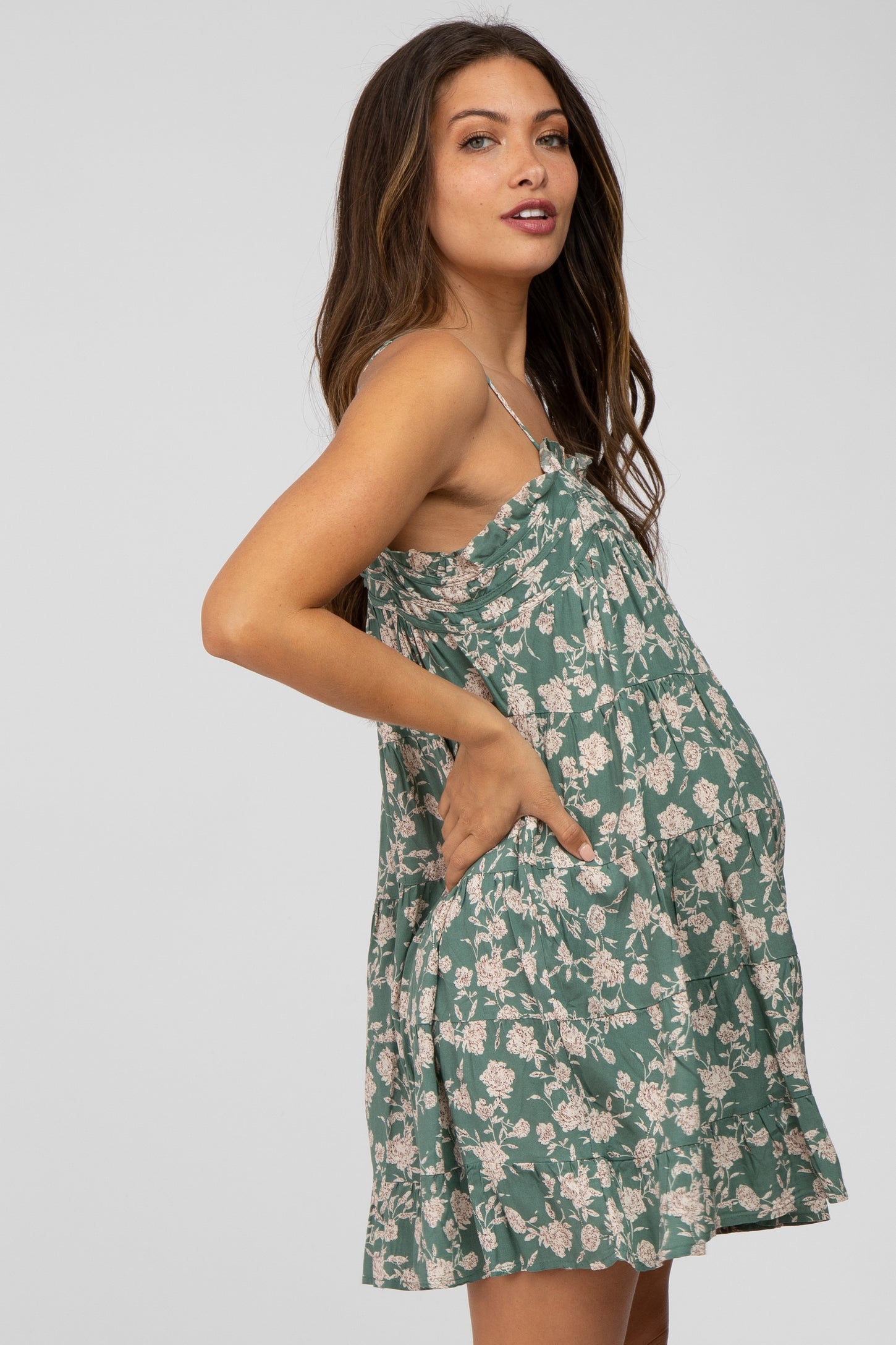 Sage Floral Tiered Maternity Romper– PinkBlush