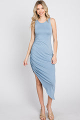 Blue Side Ruched Asymmetric Dress