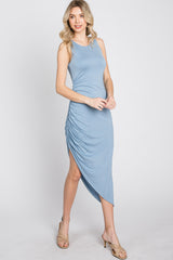 Blue Side Ruched Asymmetric Dress