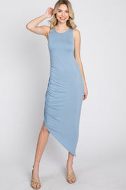 Blue Side Ruched Asymmetric Dress