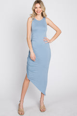 Blue Side Ruched Asymmetric Dress