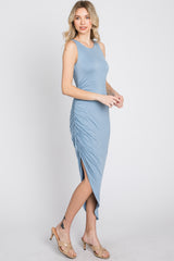 Blue Side Ruched Asymmetric Dress