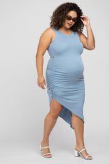 Blue Side Ruched Asymmetric Maternity Plus Dress