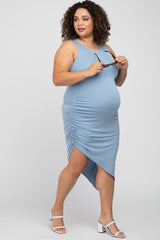 Blue Side Ruched Asymmetric Maternity Plus Dress