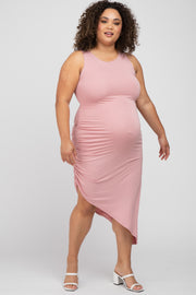 Pink Side Ruched Asymmetric Maternity Plus Dress