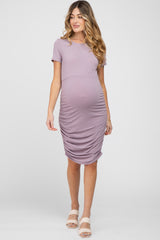 Lavender Short Sleeve Ruched Maternity Dress