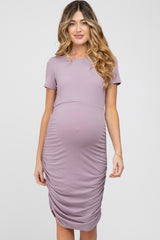 Lavender Short Sleeve Ruched Maternity Dress